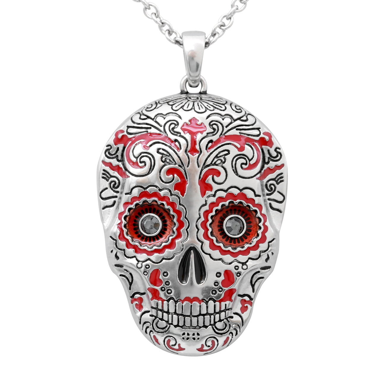 Red Sugar Skull Necklace with Swarovski Crystals - Muerte Roja - Dia de Los Muertos