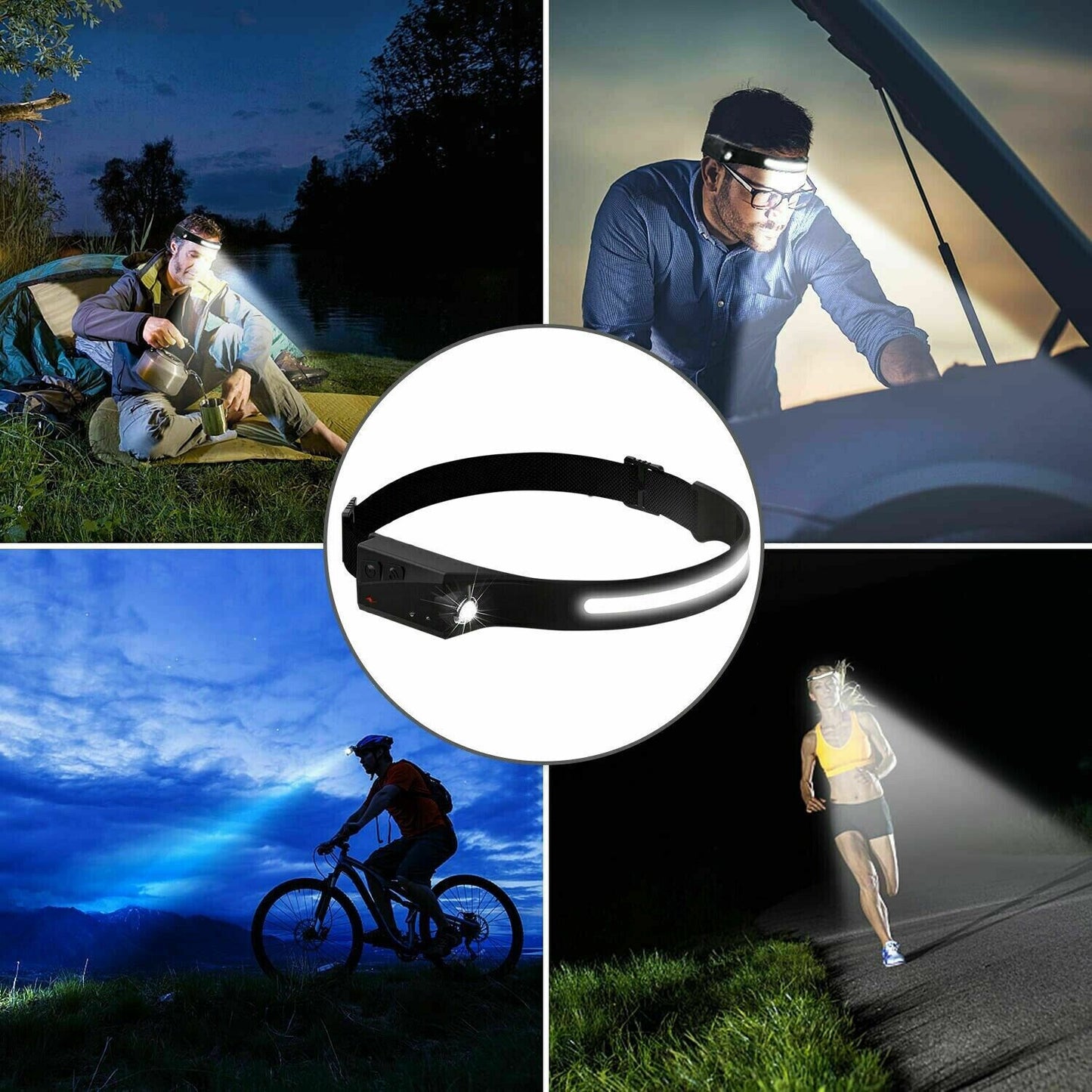COB LED Headlamp USB Rechargeable Headlight Torch Work Light Bar Head
