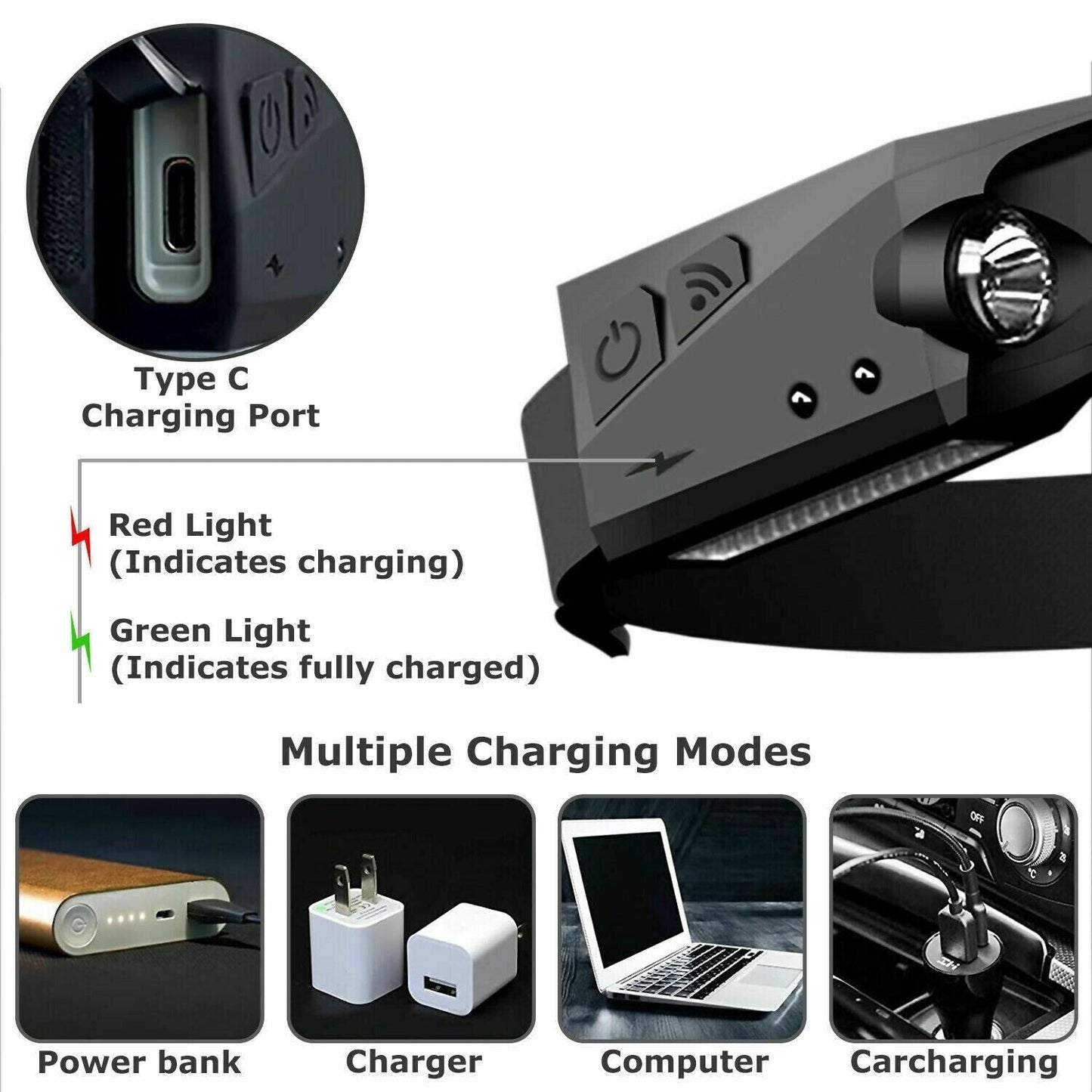 COB LED Headlamp USB Rechargeable Headlight Torch Work Light Bar Head